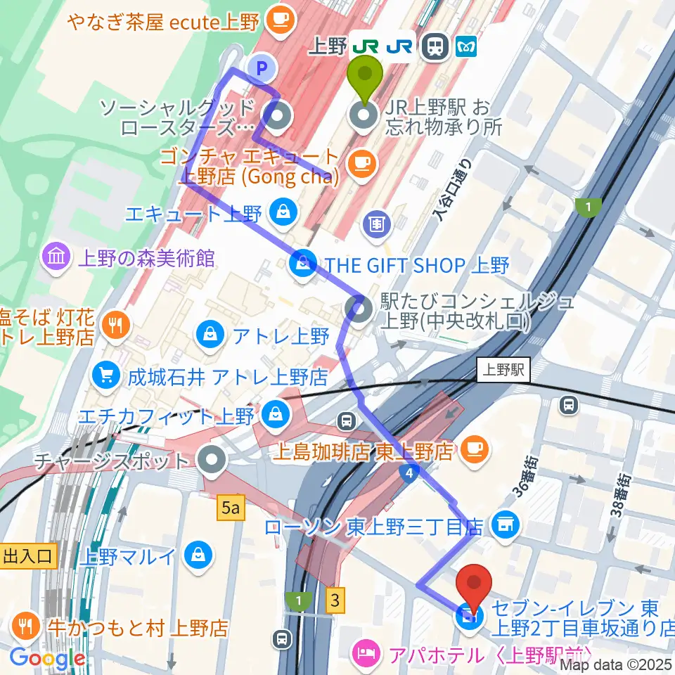 上野音横丁の最寄駅上野駅からの徒歩ルート（約6分）地図
