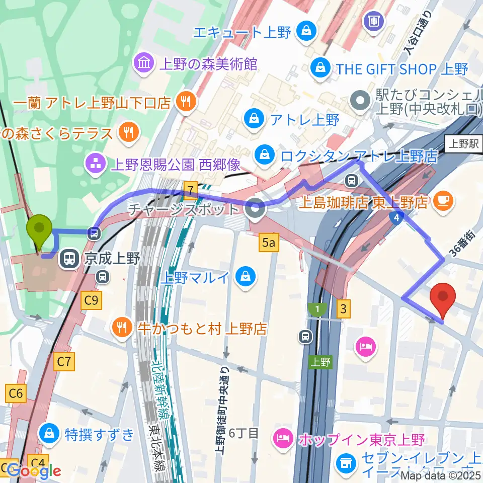 京成上野駅から上野音横丁へのルートマップ地図