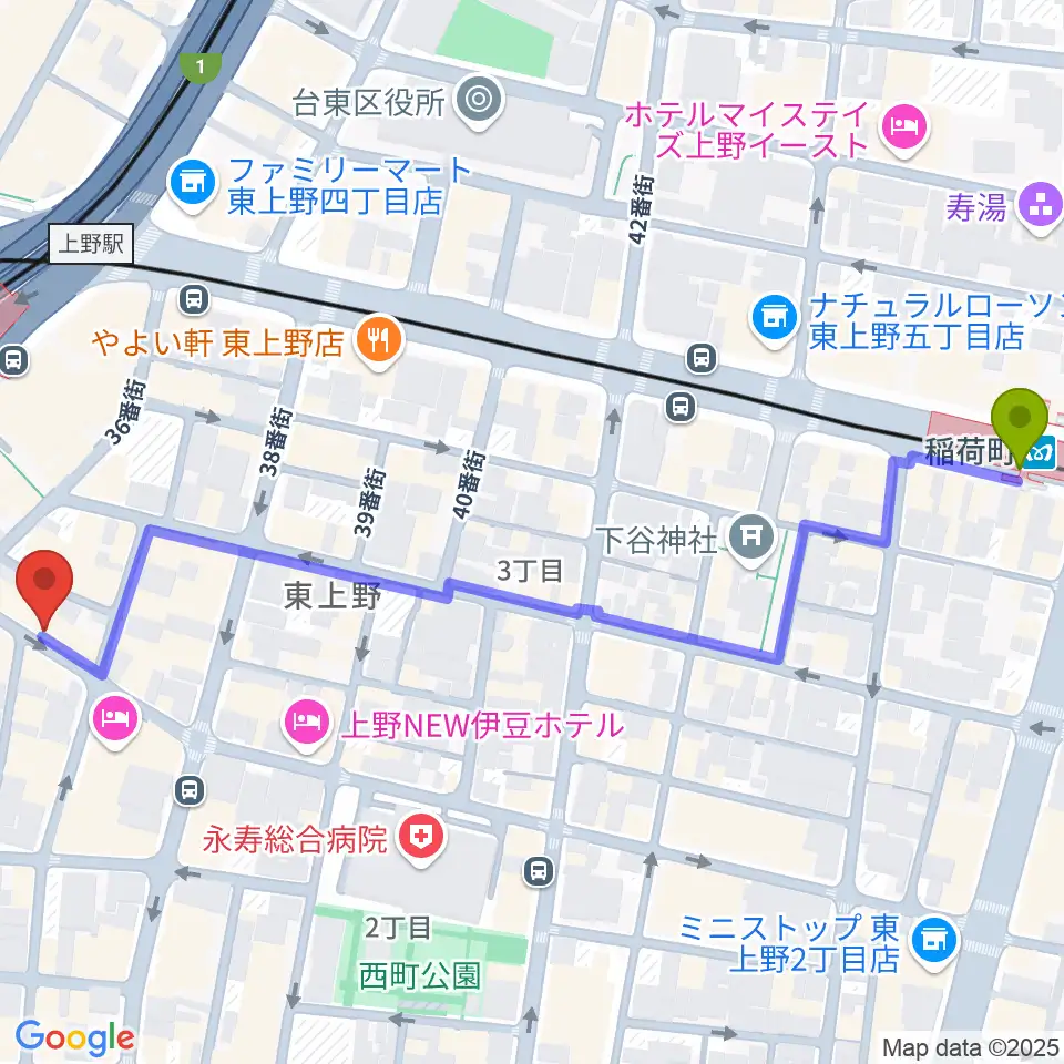稲荷町駅から上野音横丁へのルートマップ地図