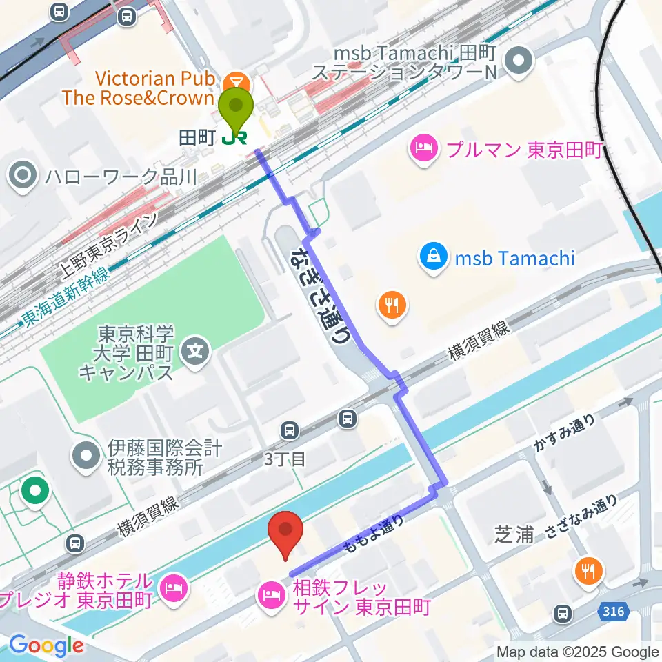 ミナトミュージックサロンの最寄駅田町駅からの徒歩ルート（約5分）地図