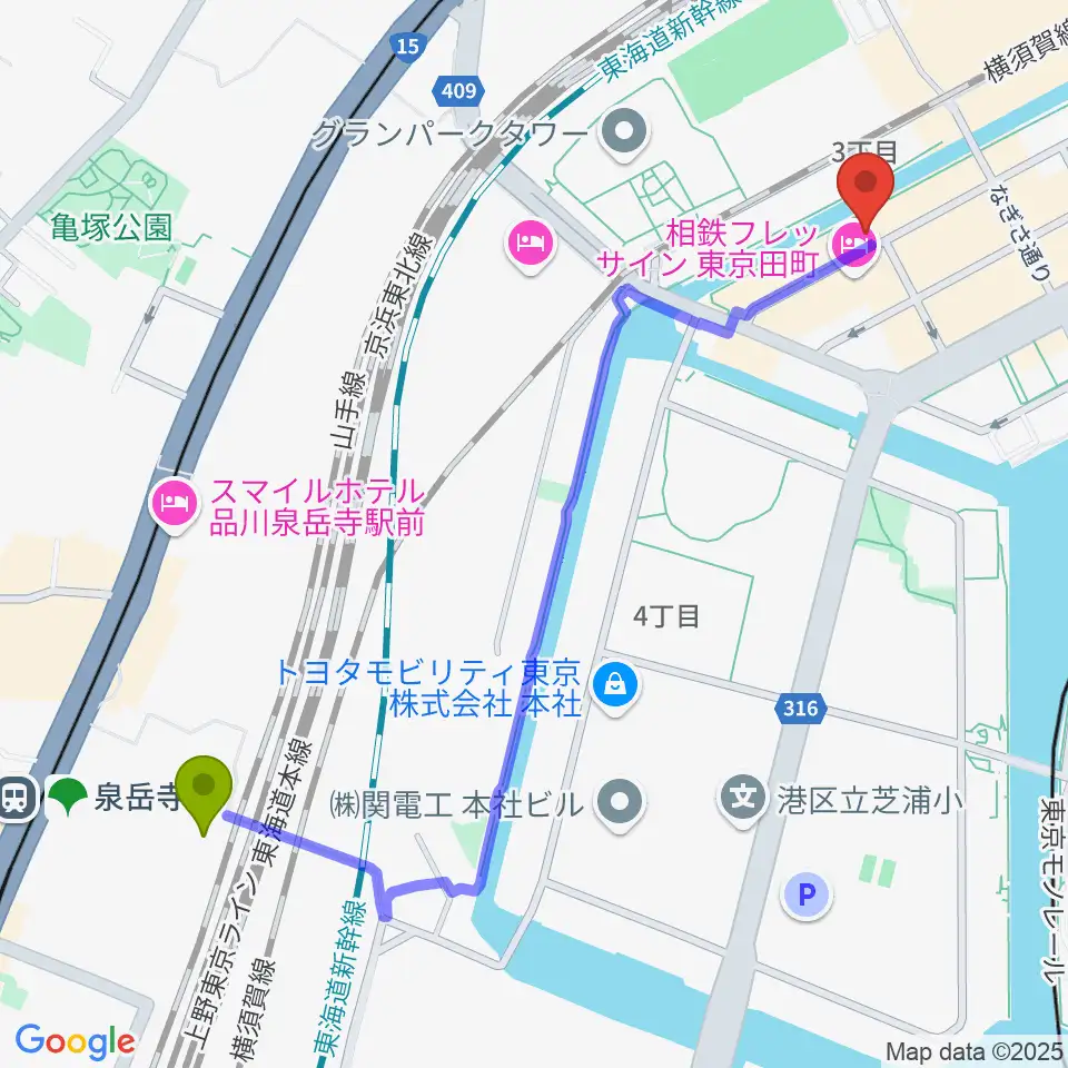 高輪ゲートウェイ駅からミナトミュージックサロンへのルートマップ地図