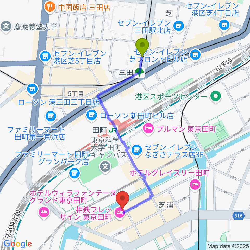 三田駅からミナトミュージックサロンへのルートマップ地図