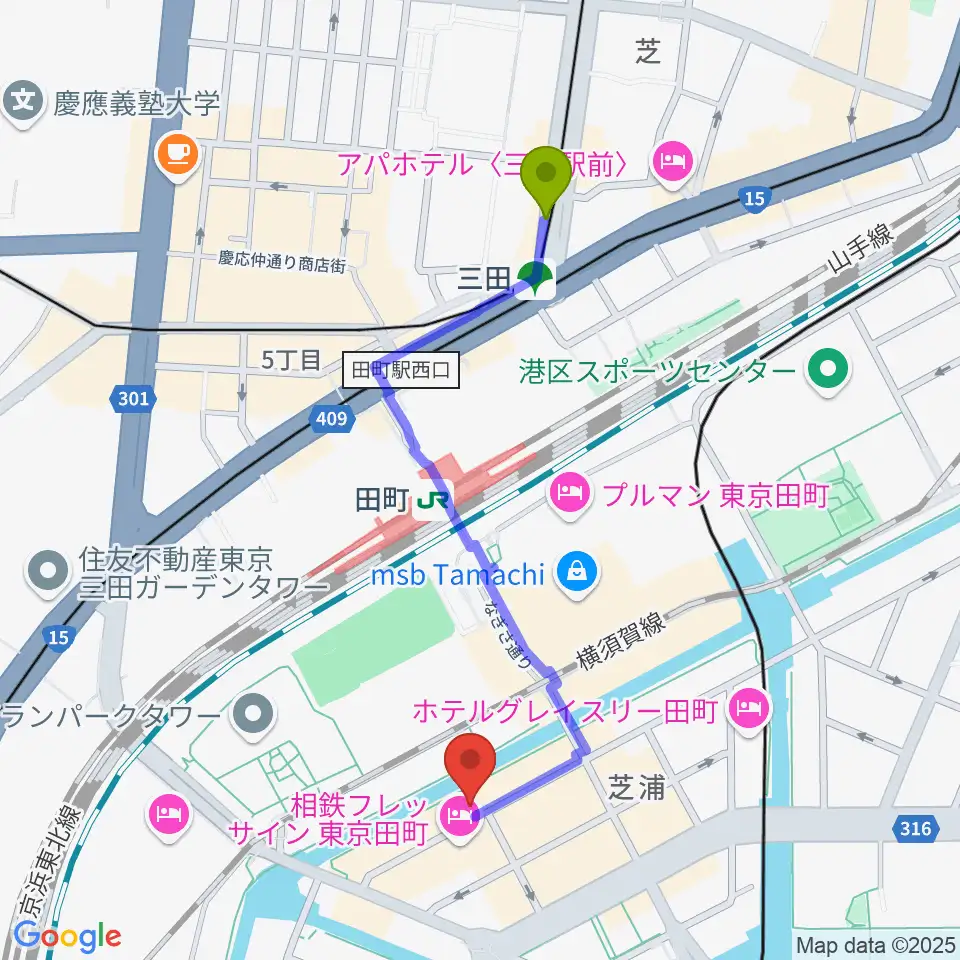 三田駅からミナトミュージックサロンへのルートマップ地図