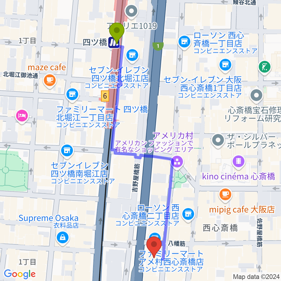 ゴースト大阪の最寄駅四ツ橋駅からの徒歩ルート（約6分）地図