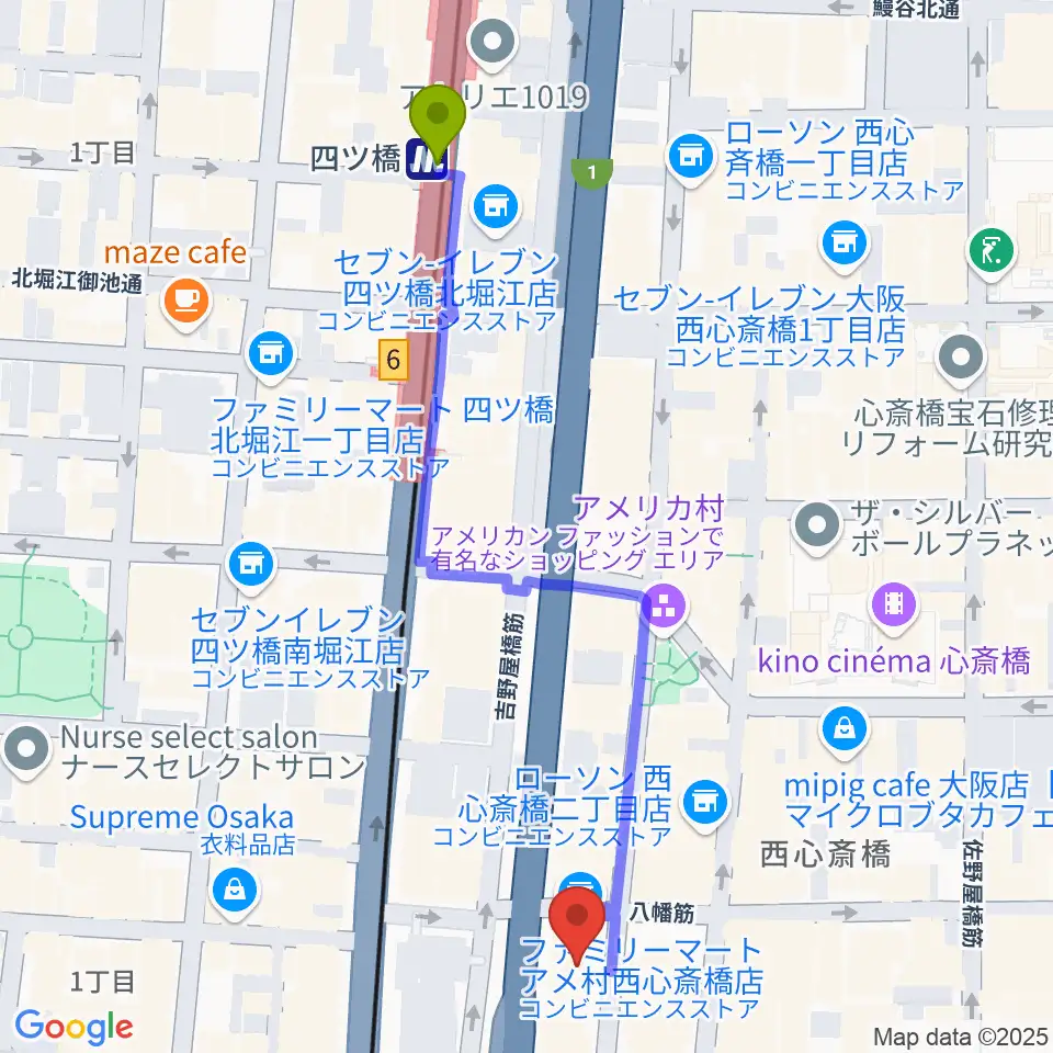 ゴースト大阪の最寄駅四ツ橋駅からの徒歩ルート（約6分）地図