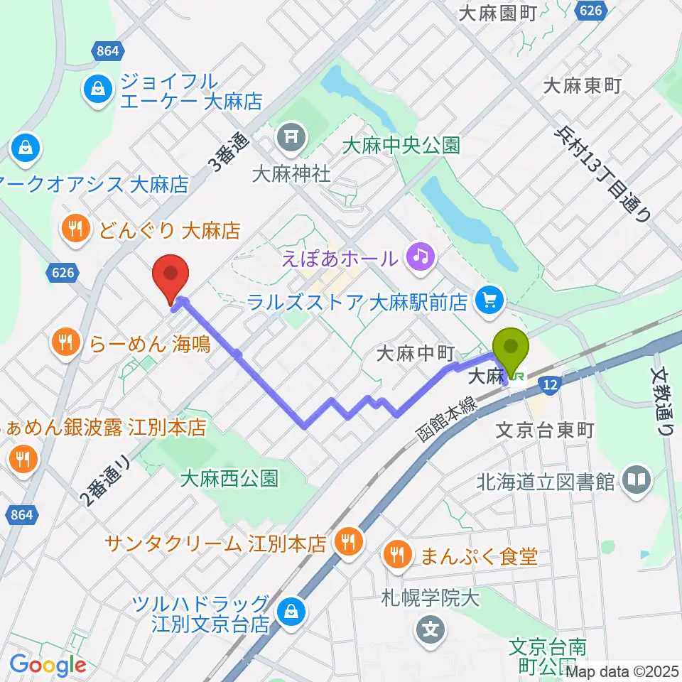 さくらぎピアノ教室の最寄駅大麻駅からの徒歩ルート（約14分）地図