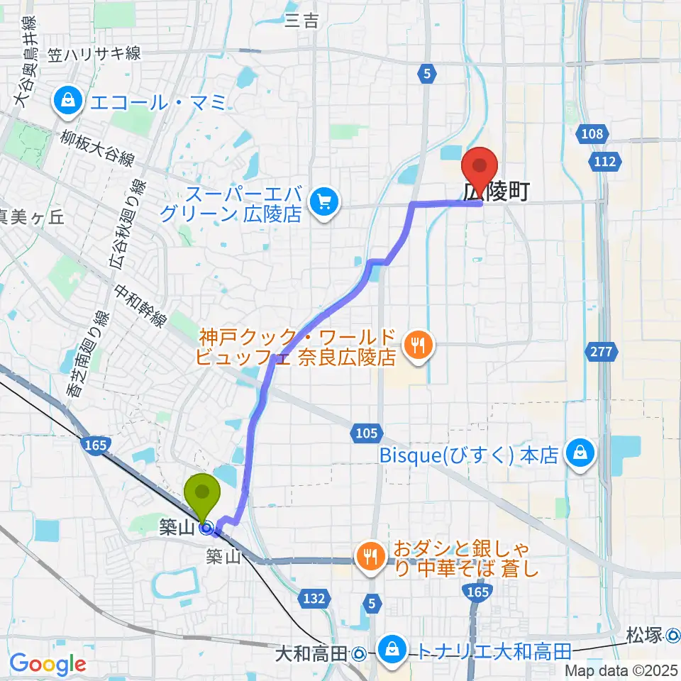 ニュービートドラムスクールの最寄駅築山駅からの徒歩ルート（約40分）地図