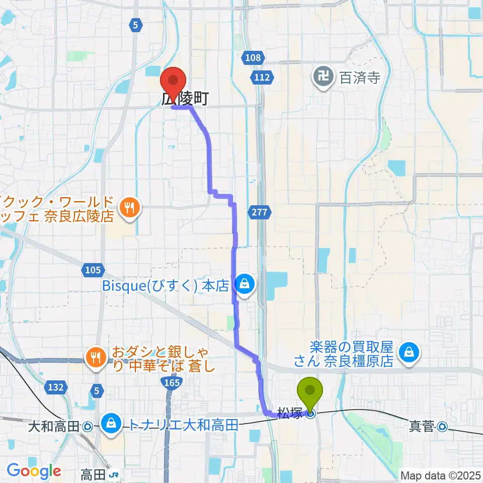 松塚駅からニュービートドラムスクールへのルートマップ地図