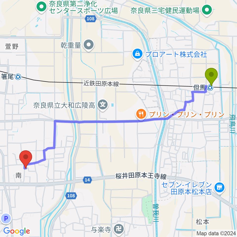 但馬駅からニュービートドラムスクールへのルートマップ地図