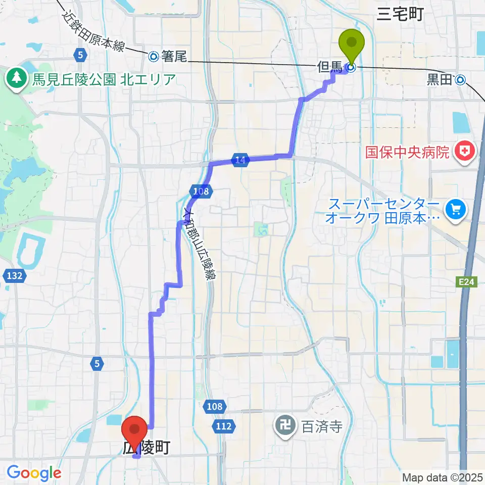 但馬駅からニュービートドラムスクールへのルートマップ地図