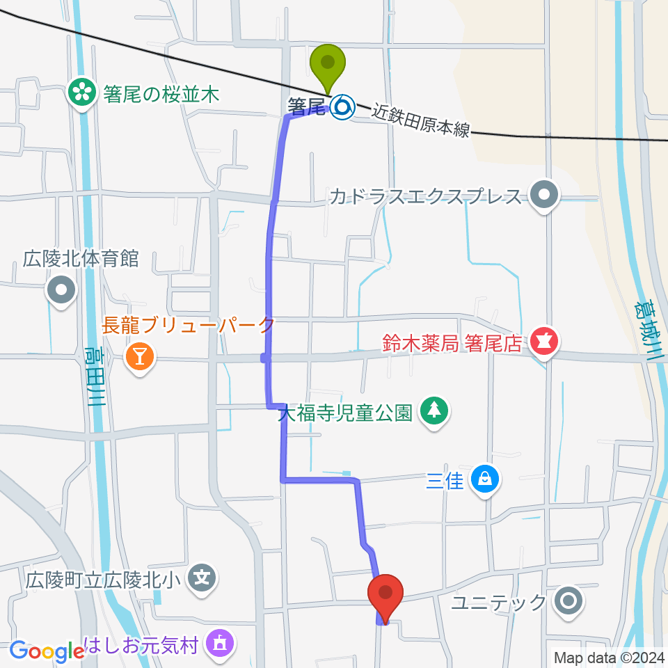 ニュービートドラムスクールの最寄駅箸尾駅からの徒歩ルート（約13分）地図