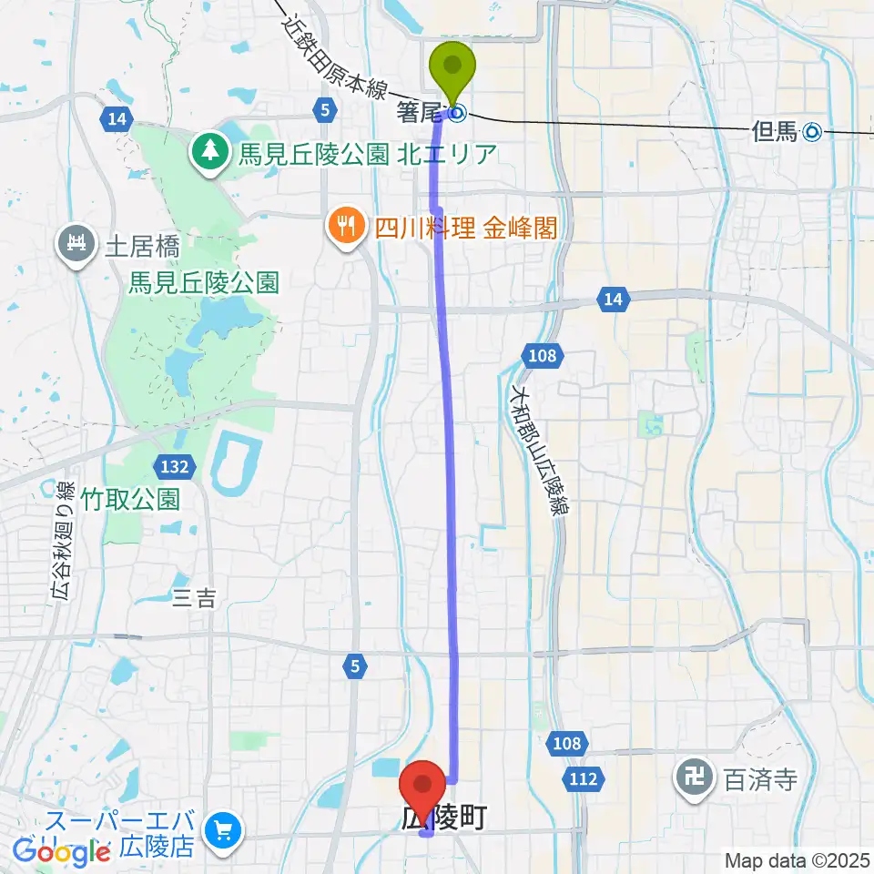 箸尾駅からニュービートドラムスクールへのルートマップ地図