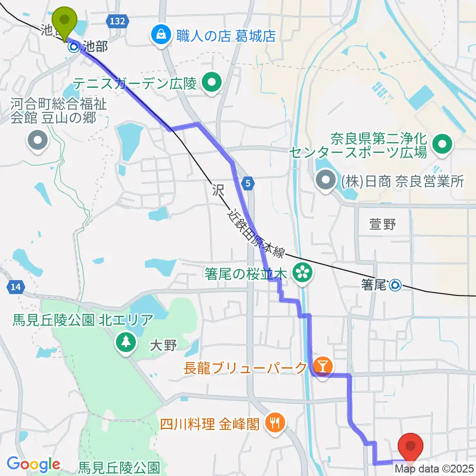 池部駅からニュービートドラムスクールへのルートマップ地図