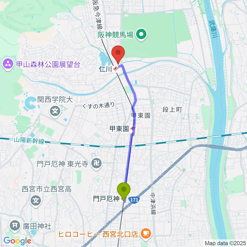 門戸厄神駅からさらら仁川 宝塚市公益施設へのルートマップ地図