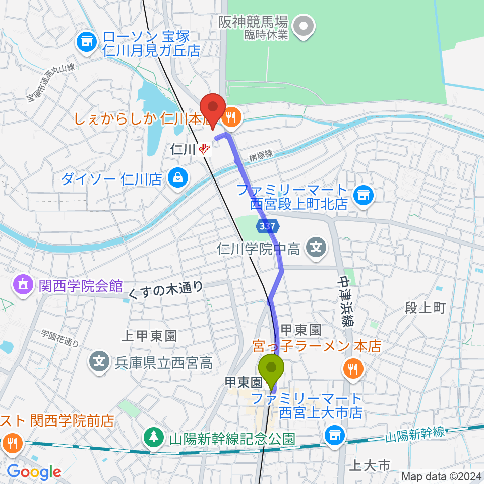 甲東園駅からさらら仁川 宝塚市公益施設へのルートマップ地図