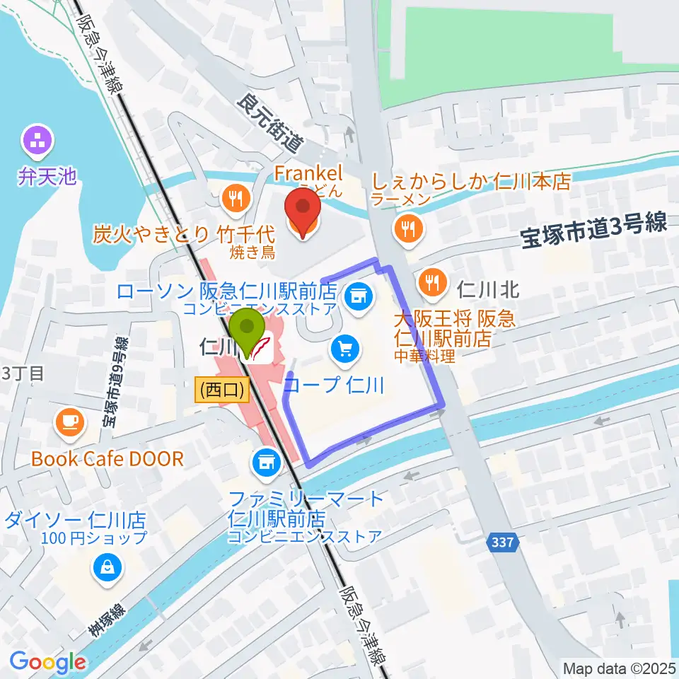 さらら仁川 宝塚市公益施設の最寄駅仁川駅からの徒歩ルート（約2分）地図