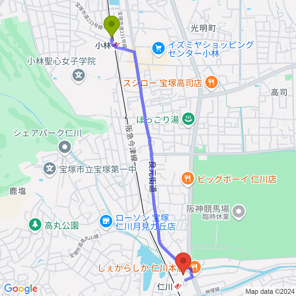 小林駅からさらら仁川 宝塚市公益施設へのルートマップ地図