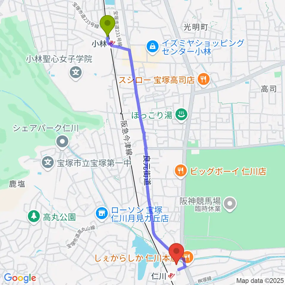 小林駅からさらら仁川 宝塚市公益施設へのルートマップ地図