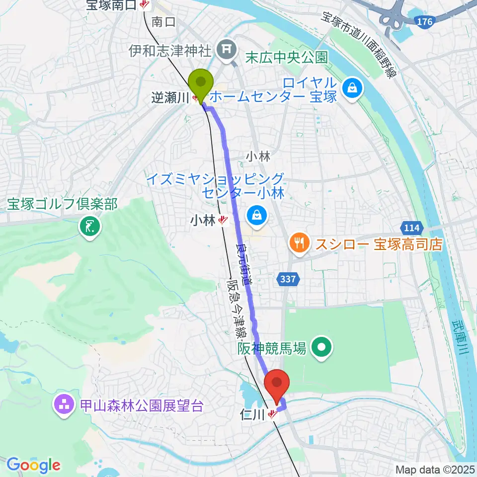 逆瀬川駅からさらら仁川 宝塚市公益施設へのルートマップ地図