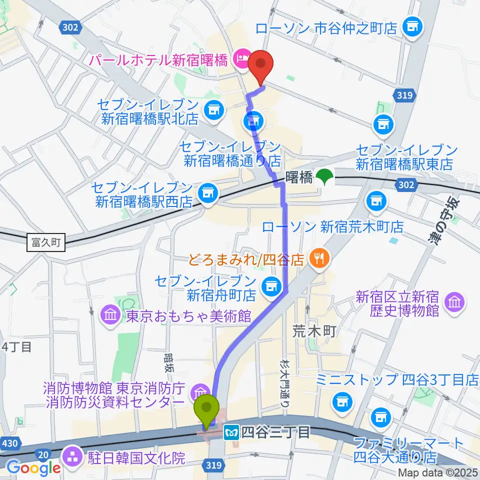 四谷三丁目駅から曙橋コタンへのルートマップ地図