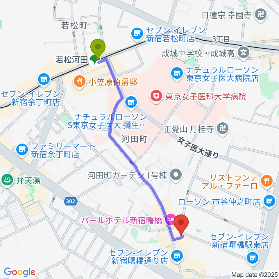 若松河田駅から曙橋コタンへのルートマップ地図
