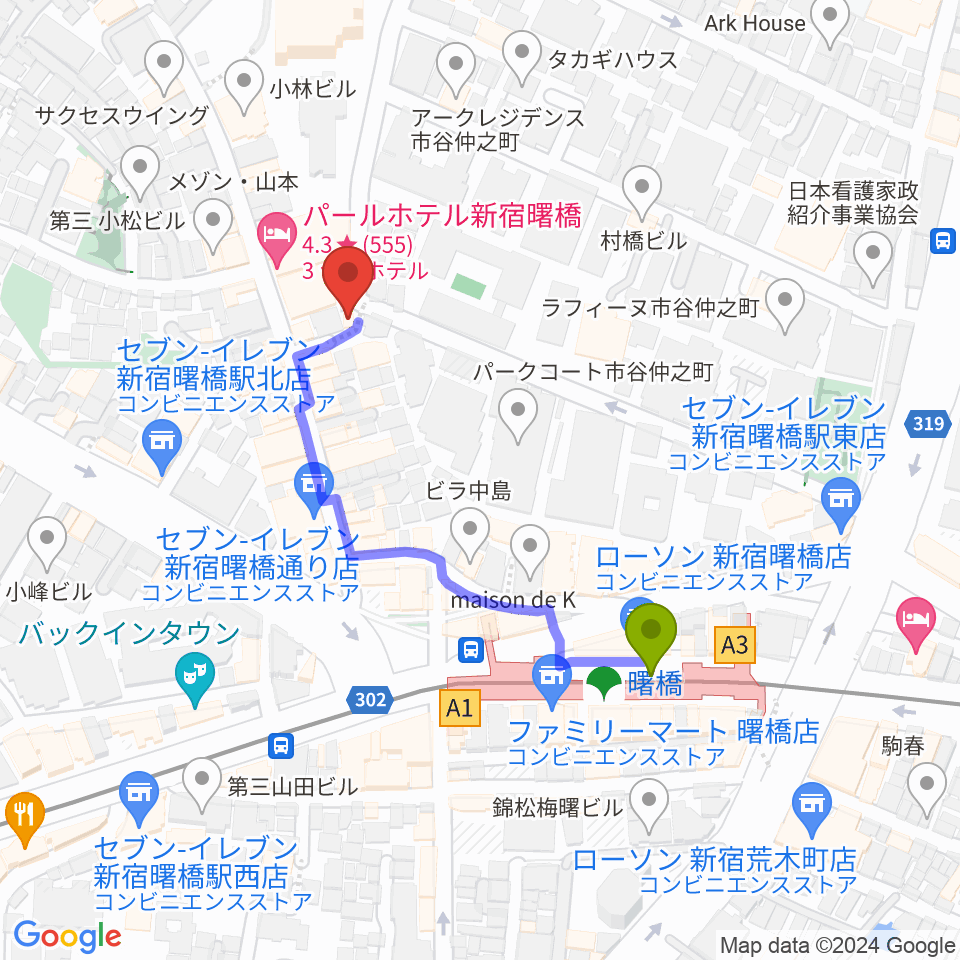 曙橋コタンの最寄駅曙橋駅からの徒歩ルート（約4分）地図
