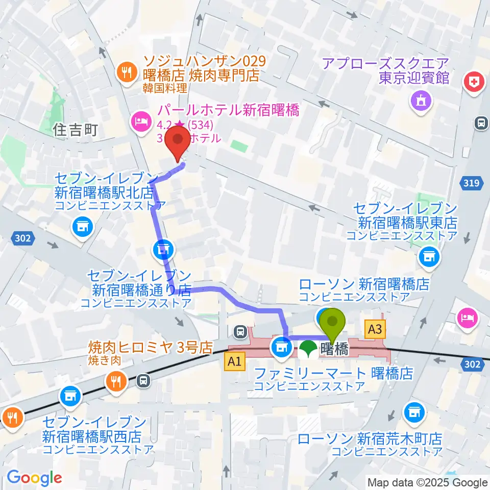 曙橋コタンの最寄駅曙橋駅からの徒歩ルート（約4分）地図