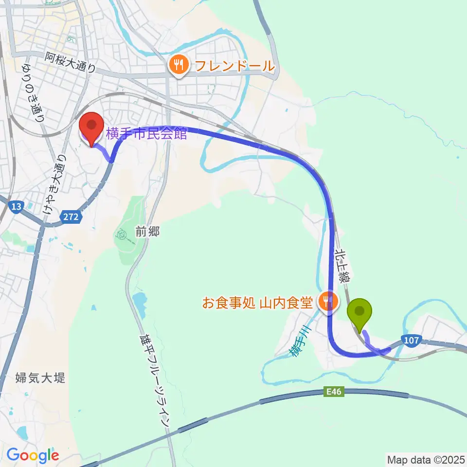 矢美津駅から横手市民会館へのルートマップ地図