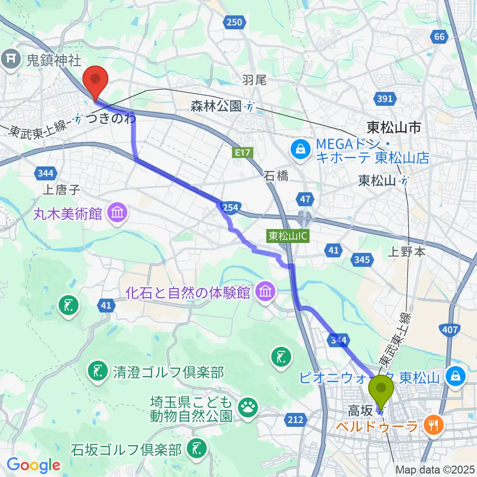 高坂駅から篠崎バイオリン工房へのルートマップ地図
