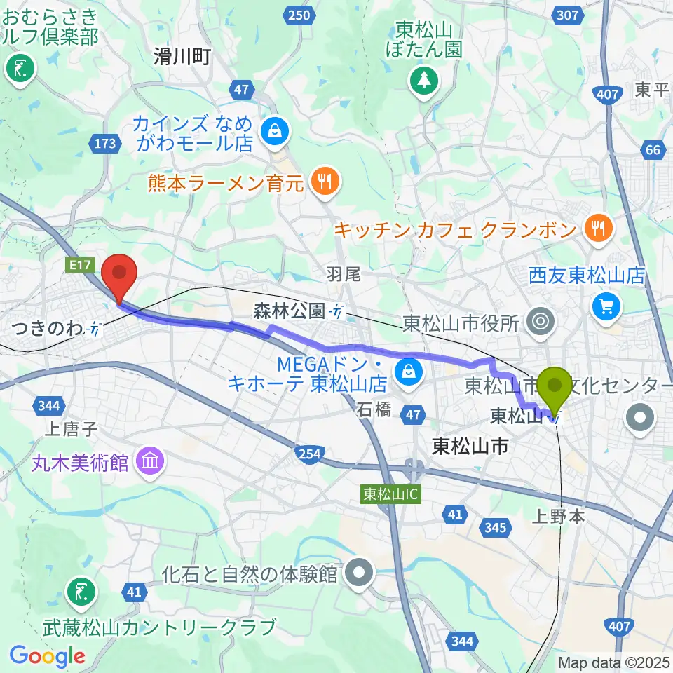 東松山駅から篠崎バイオリン工房へのルートマップ地図