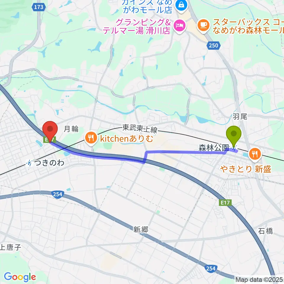 森林公園駅から篠崎バイオリン工房へのルートマップ地図
