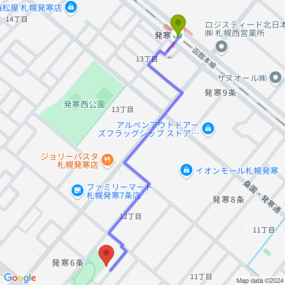 発寒駅からシンフォニカ・スクエアへのルートマップ地図