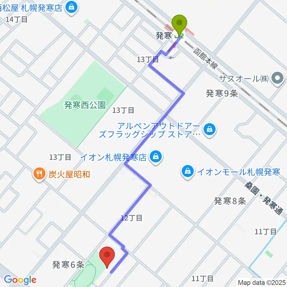 発寒駅からシンフォニカ・スクエアへのルートマップ地図