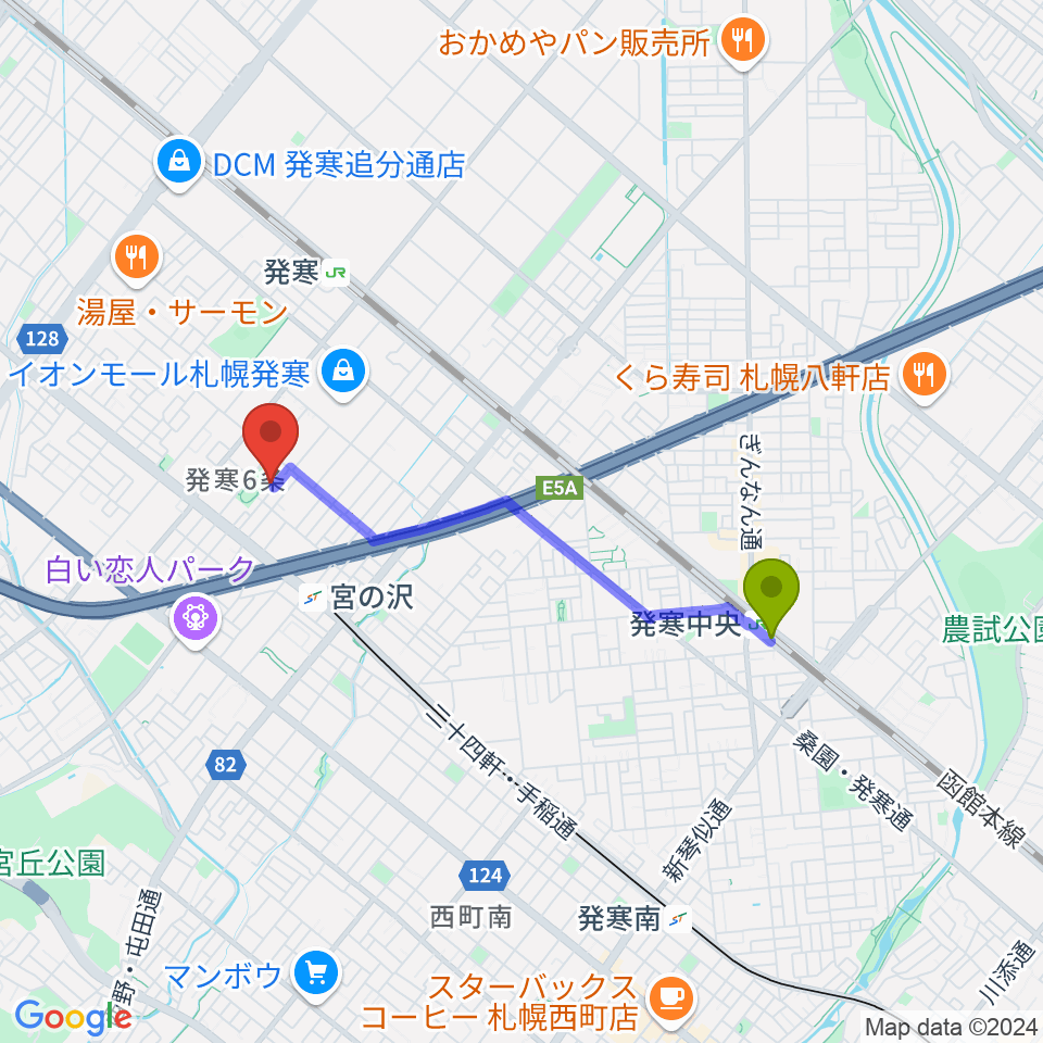 発寒中央駅からシンフォニカ・スクエアへのルートマップ地図