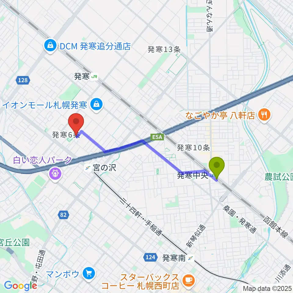 発寒中央駅からシンフォニカ・スクエアへのルートマップ地図