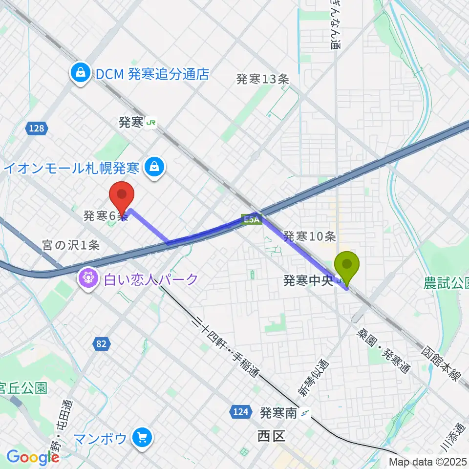 発寒中央駅からシンフォニカ・スクエアへのルートマップ地図