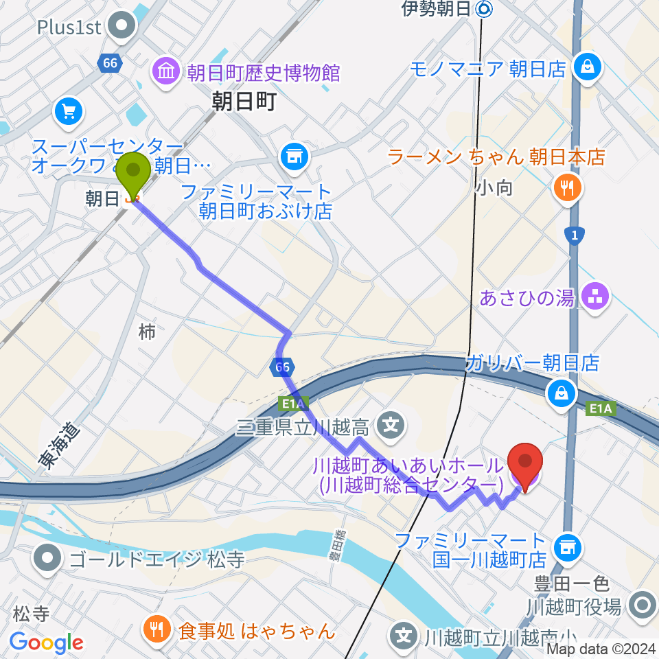 朝日駅から川越町あいあいホールへのルートマップ地図