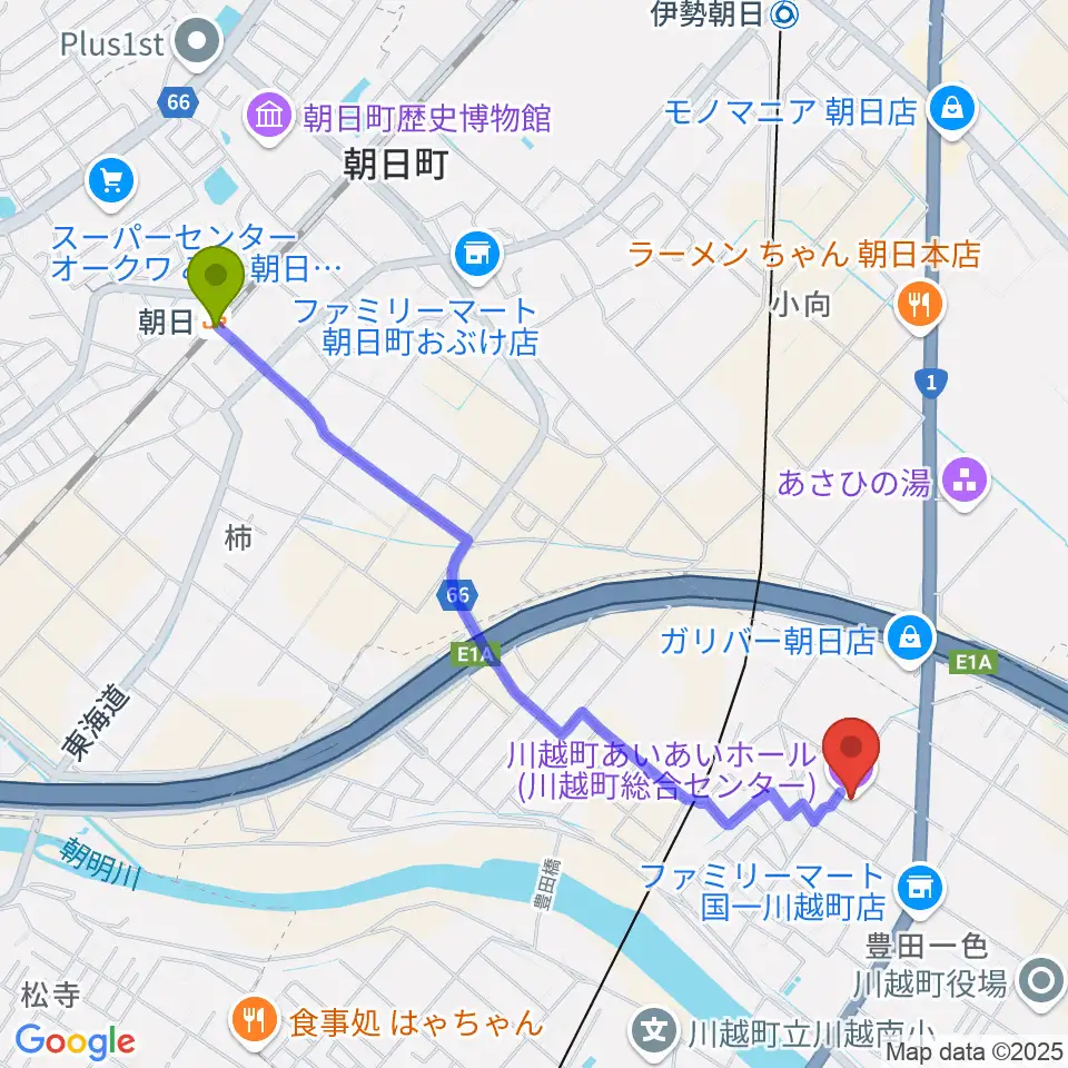 朝日駅から川越町あいあいホールへのルートマップ地図