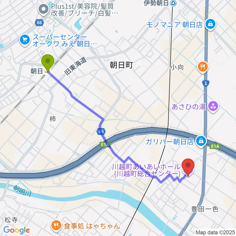 朝日駅から川越町あいあいホールへのルートマップ地図