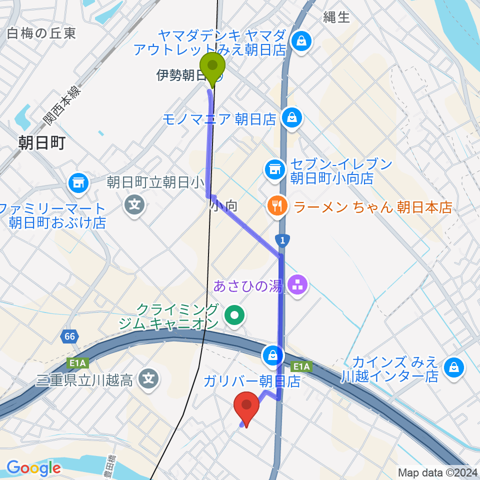 川越町あいあいホールの最寄駅伊勢朝日駅からの徒歩ルート（約22分）地図