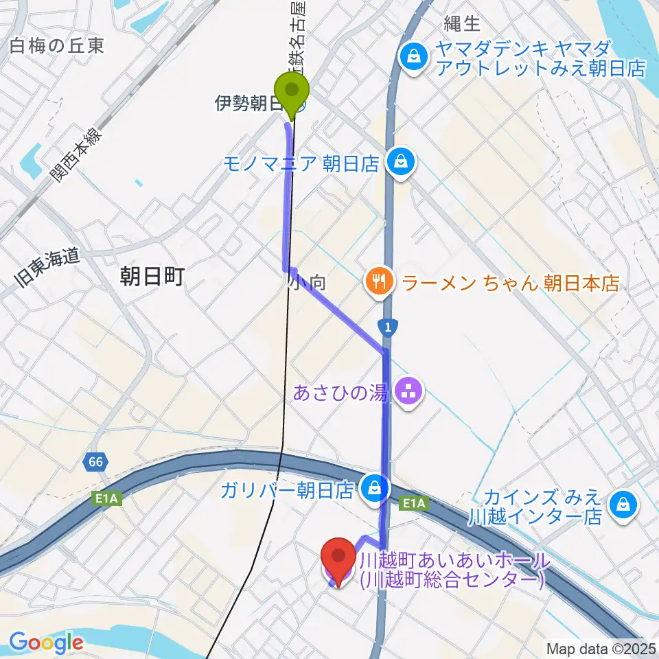 川越町あいあいホールの最寄駅伊勢朝日駅からの徒歩ルート（約22分）地図