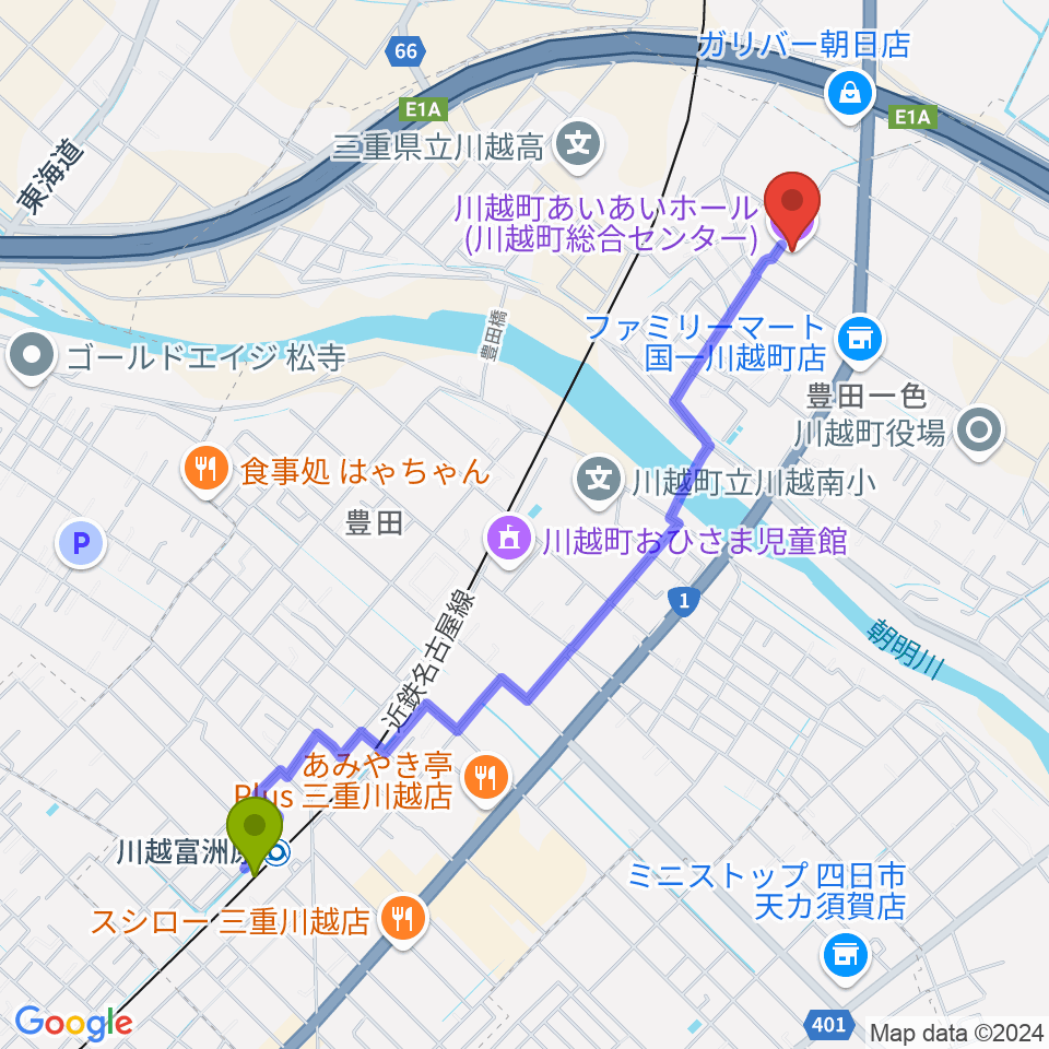 川越富洲原駅から川越町あいあいホールへのルートマップ地図