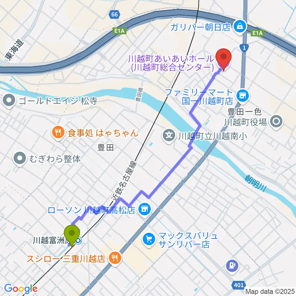 川越富洲原駅から川越町あいあいホールへのルートマップ地図