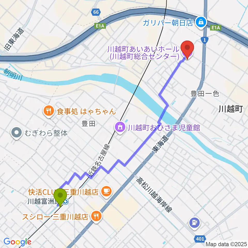 川越富洲原駅から川越町あいあいホールへのルートマップ地図