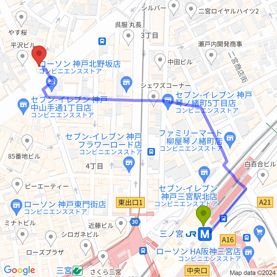[移転]神戸三宮UP&ALLの最寄駅三ノ宮駅からの徒歩ルート（約6分）地図