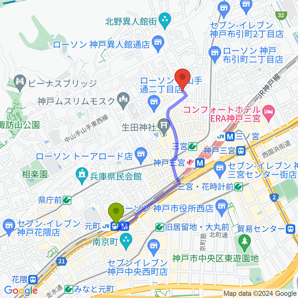 元町駅から[移転]神戸三宮UP&ALLへのルートマップ地図