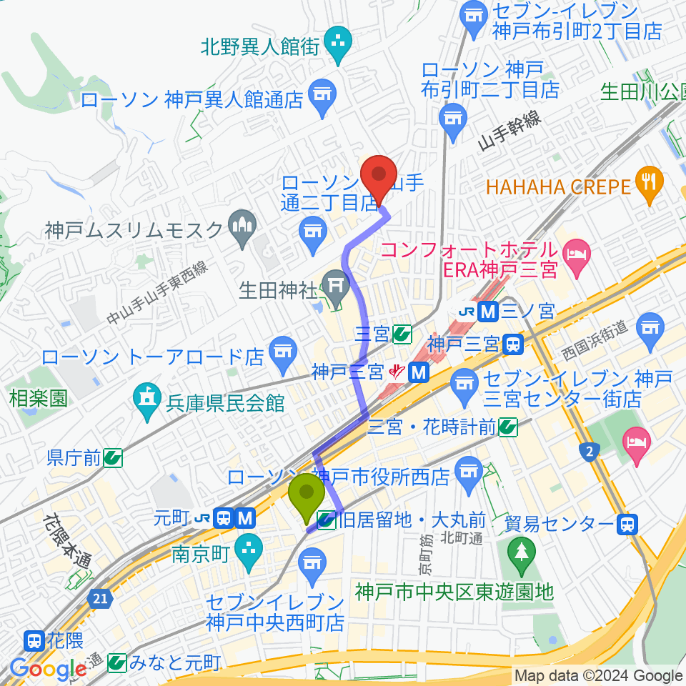 旧居留地・大丸前駅から[移転]神戸三宮UP&ALLへのルートマップ地図