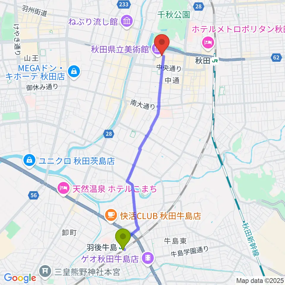 羽後牛島駅からにぎわい交流館AU（あう）へのルートマップ地図