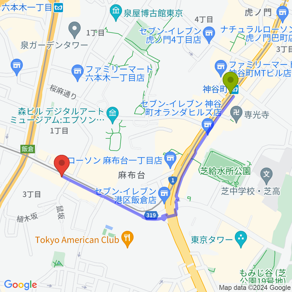 神谷町駅から六本木CUBEへのルートマップ地図