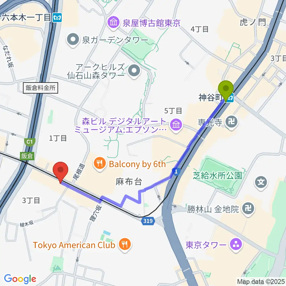 神谷町駅から六本木CUBEへのルートマップ地図